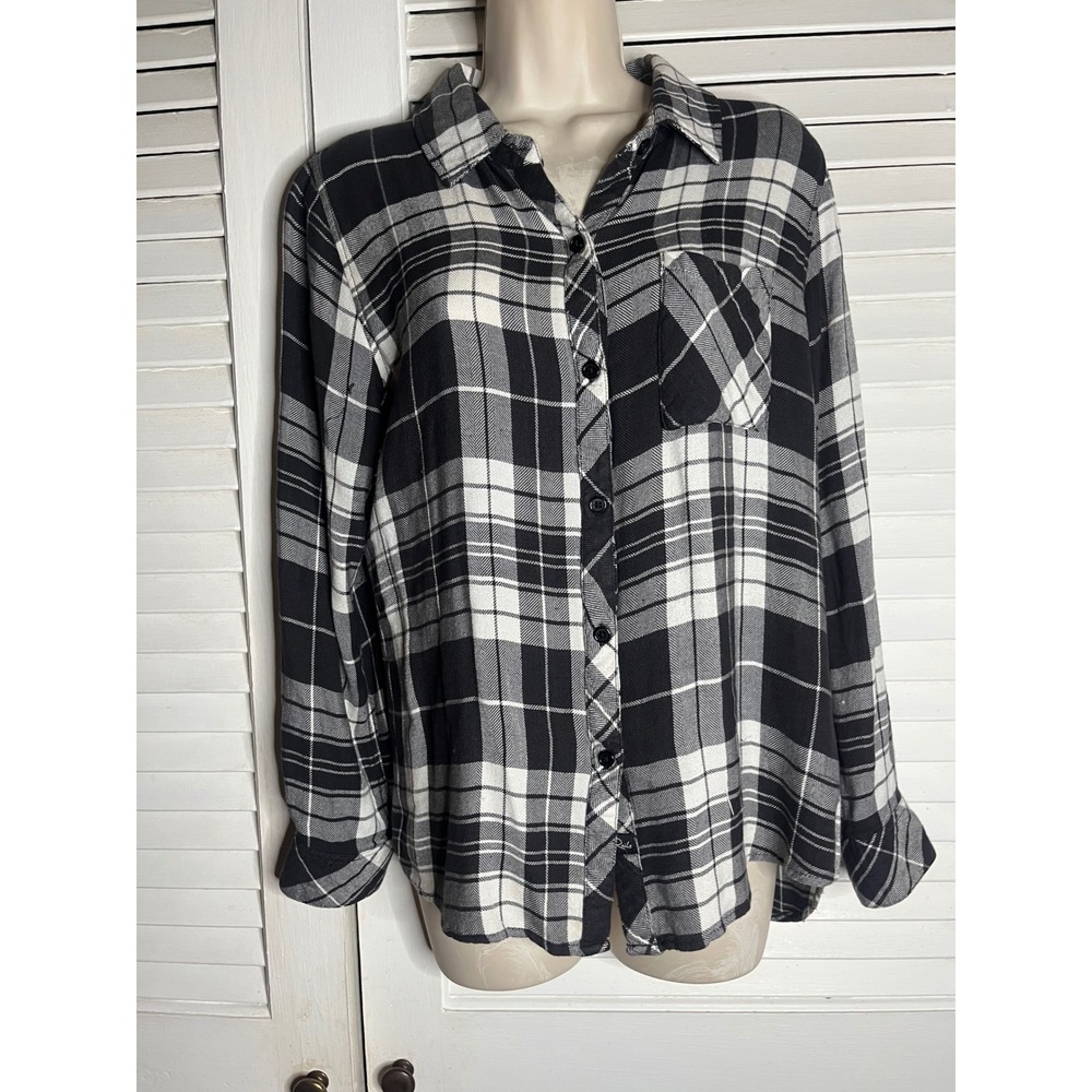 Rails Hunter Plaid Button Down Shirt Black White Rayon Flannel Top Womens Medium